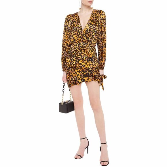 NWT Ronny Kobo leopard animal print statement sleeve faux wrap mini dress, M - Picture 6 of 16